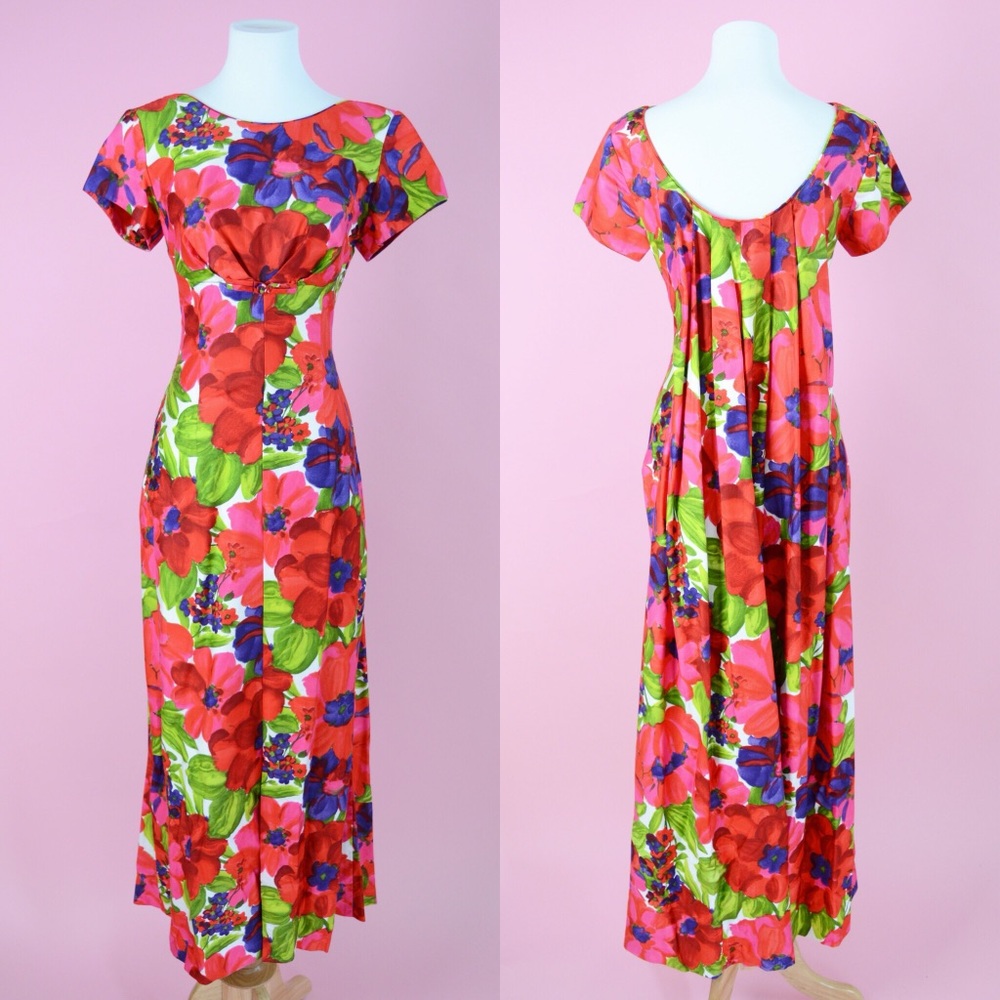 🌺 Vintage 60s Tropical Floral Print Maxi Dress